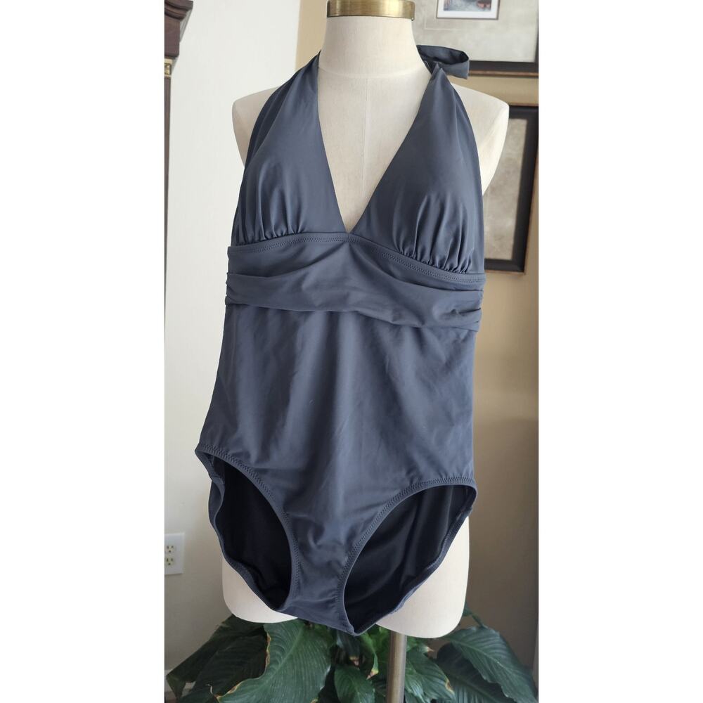 Lands End Womens Swimsuit Sz 14 Halter Style Ruched Charcoal Gray One Piece NWT